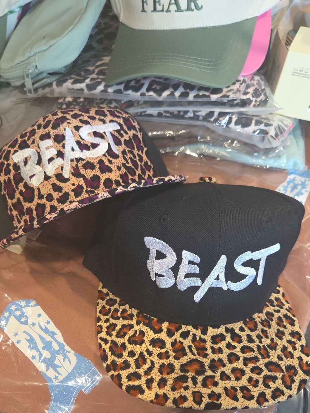 BEAST Leopard Print Baseball Caps - Black & Tan Flatbill Snapbacks